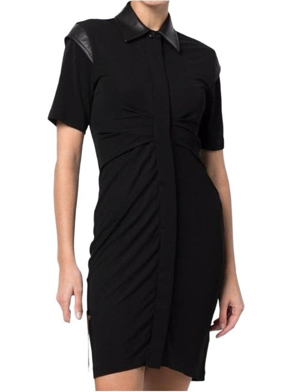 Helmut Lang Black Short-Sleeve Mini Dress with Leather Collar